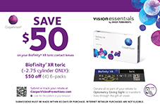CooperVision® Save $50 on your Biofinity® XR toric (-2.75 cylinder ONLY): $50 off (4) 6-packs. Submissions must be made within 60 days of purchase. Internet retailer purchases are not eligible. Submit or track your rebate at CooperVisionPromotions.com. Purchase dates 01/01/2023 - 06/30/2023